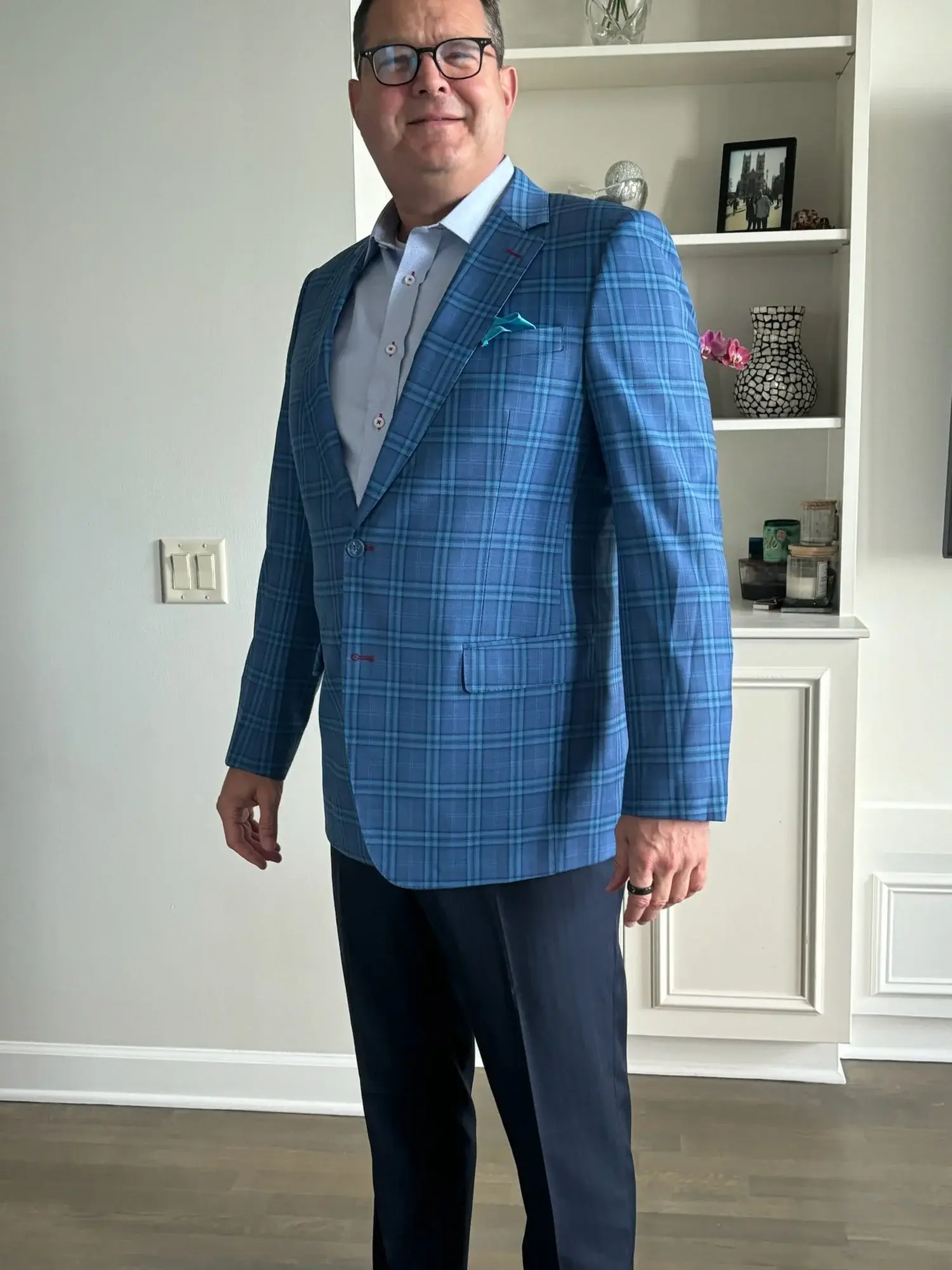 Blue checked jacket portrait